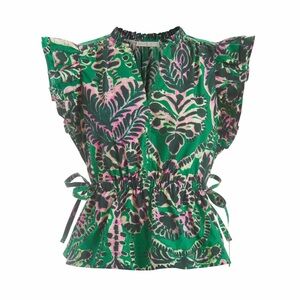 Marie Oliver Green & Pink Floral Tie-Waist Peplum Blouse
